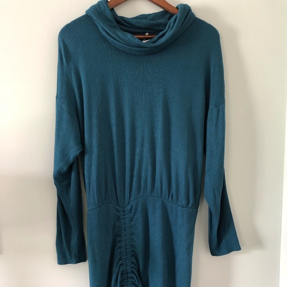 Free People Teal Turtleneck Long Sleeve Rouched Dress Size S - Picture 1 of 11